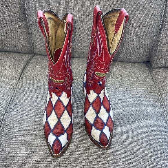 White Diamonds Men 8 Cowboy Boot Ostrich Pointed USA Red White Blue Argyle Joker - Picture 3 of 16